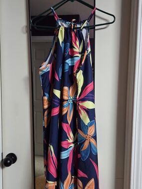 Womens Navy Floral Halter Dress with Bright Multicolor Print
